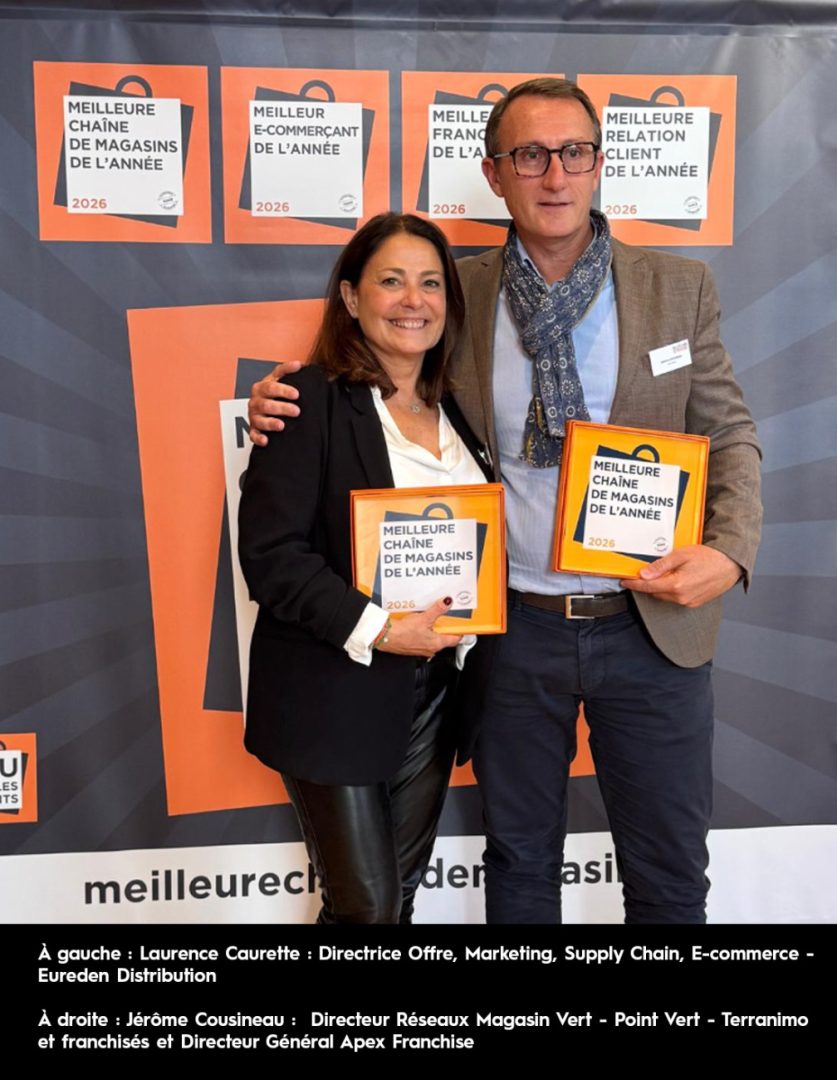 A gauche : Laurence Caurette : Directrice Offre, Marketing, Supply Chain, E-commerce - Eureden Distribution A droite : Jérôme Cousineau : Directeur Réseaux Magasin Vert - Point Vert - Terranimo et franchisés et Directeur Général Apex Franchise